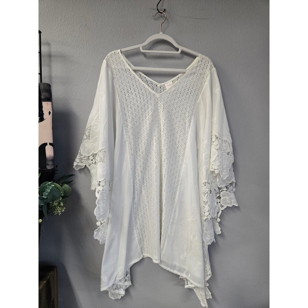 Merona White Lace Embroidered Boho Kaftan Scalloped V-Neck Top Small
